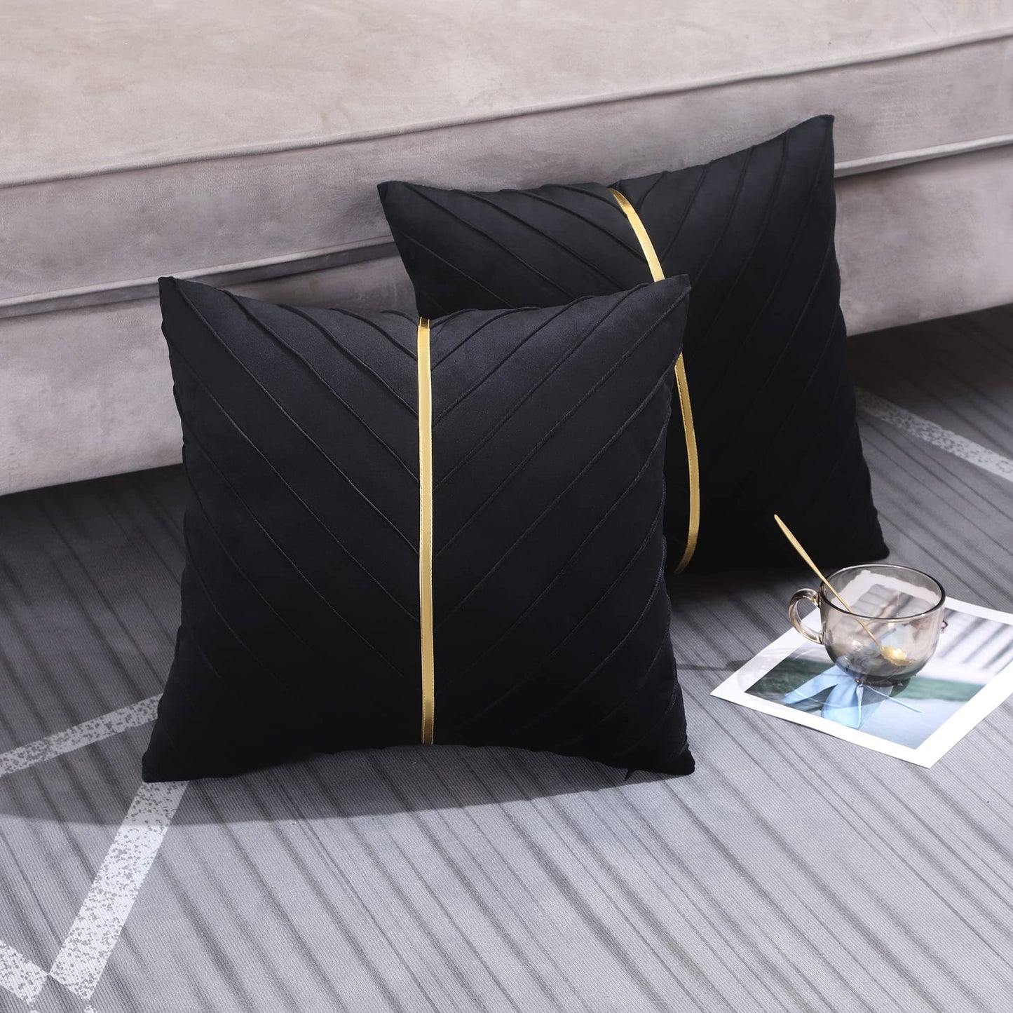 Tosleo Black Velvet Throw Pillow Covers 18x18 inch Pack of 2 with Gold Leather Decorative Couch Pillow Cover Luxury Modern Pillowcases for Wedding Living Room Bedroom Sofa Cushion Bed