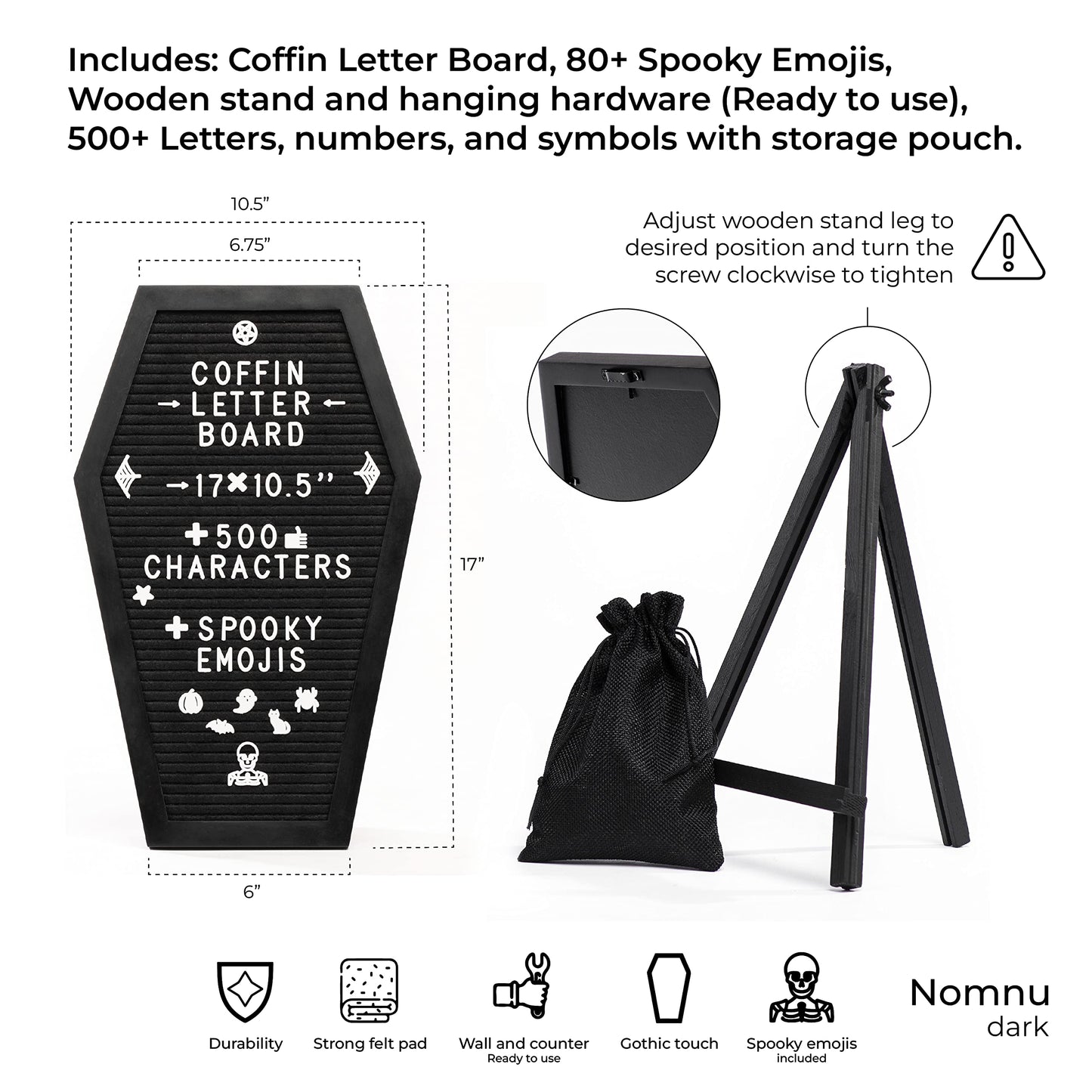 Coffin Letter Board Black With Spooky and All Seasons Emojis +500 Characters, and Wooden Stand - 17x10.5 Inches - Gothic Halloween Decor Spooky Gifts Decorations