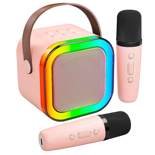 Karaoke Machine for Kids Adults, Portable Bluetooth Mini Karaoke Microphone Singing Speaker with 2 Mic and Light,Toys for All Smartphones,Birthday, Family,Home Party (Pink)