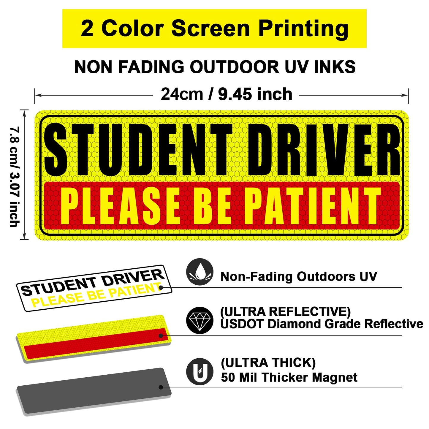 Sukh Student Driver Magnet for Car - Be Patient Student Driver Magnet Boys and Girls New Student Driver Sticker Safety Warning Reflective Signs Reusable Movable 3 Pcs