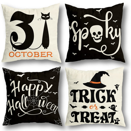 RioGree Halloween Decorations Pillow Covers 18x18 Set of 4 for Halloween Decor Indoor Outdoor, Party Supplies Farmhouse Home Decor Throw Pillows Cover Spider Web Cat Skull Decorative Cushion Case