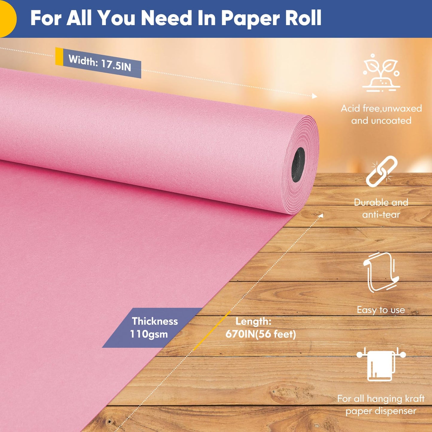 Vanhench Pink Wrapping Paper Roll 17.5"×670" (56FT), Birthday Wrapping Paper, Color Art Craft Paper for Wedding, Birthday, Bouquet Flower Crafts Poster Bulletin Board Paper Roll