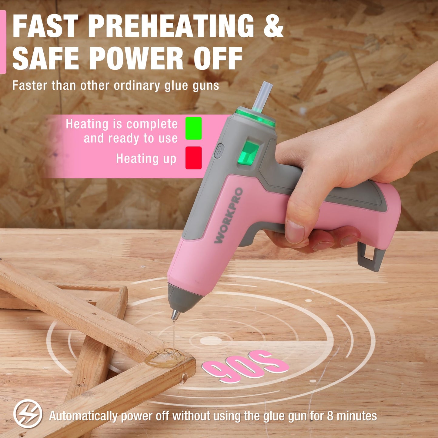 WORKPRO Pink Cordless Mini Hot Glue Gun, Energy Saving Rechargeable Fast Heating Glue Gun Kit with 20 Pcs Mini Glue Sticks, Automatic-Safety-Power-Off Glue Gun for Decoration, Art - Pink Ribbon