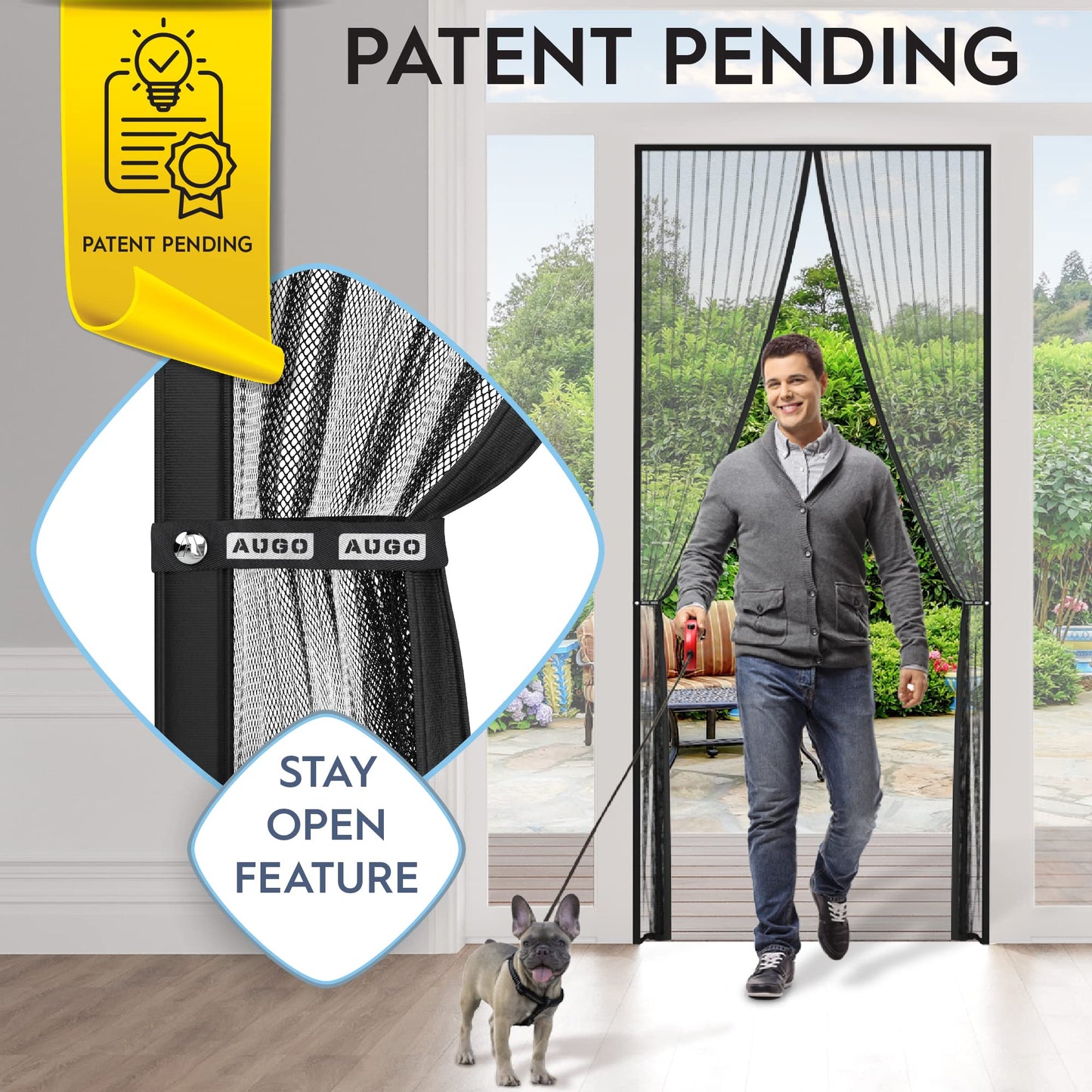 AUGO Magnetic Screen Door - Self Sealing, Heavy Duty, Hands Free Mesh Partition Keeps Bugs Out - Pet and Kid Friendly - Patent Pending Keep Open Feature - 38 Inch x 83 Inch