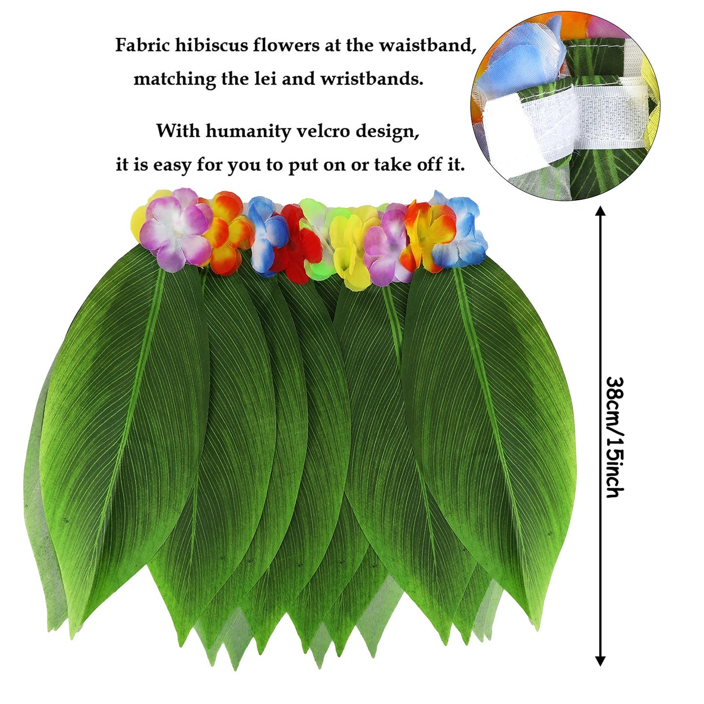 PHOGARY 7 Pack Hawaiian Flower Leaf Hula Skirt Costume Accessory Kit for Hawaii Luau Party - Dancing Hula with Hawaiian Lei, Hibiscus Hair Clip, Pineapple Sunglasses for Boys Girls