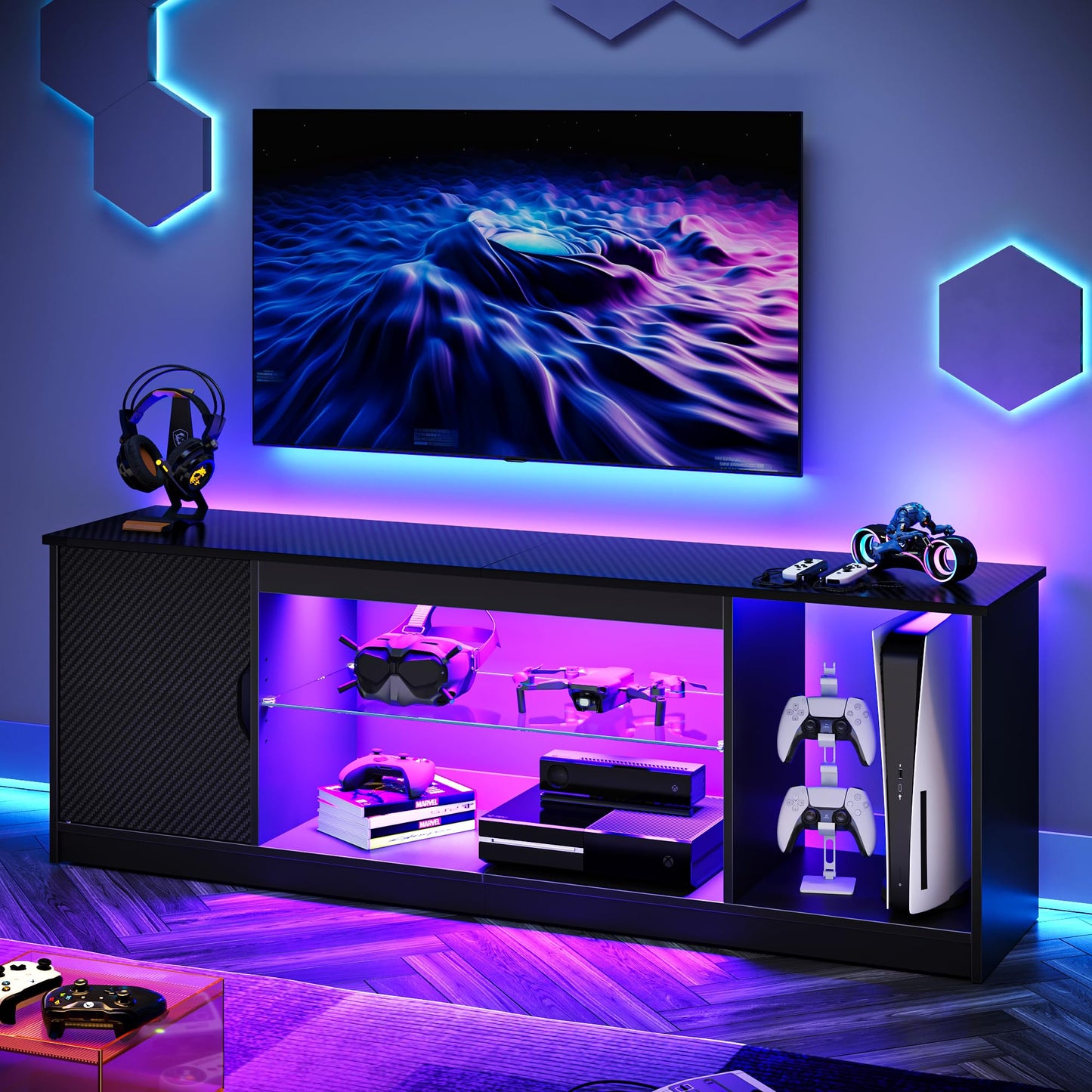 Bestier LED TV Stand for 55/60/65 Inch TV, Gaming Entertainment Center with Cabinet for PS5, Xbox,Modern TV Cabinet with Adjustable Glass Shelves for Living Room, Bedroom 58 Inch,Black