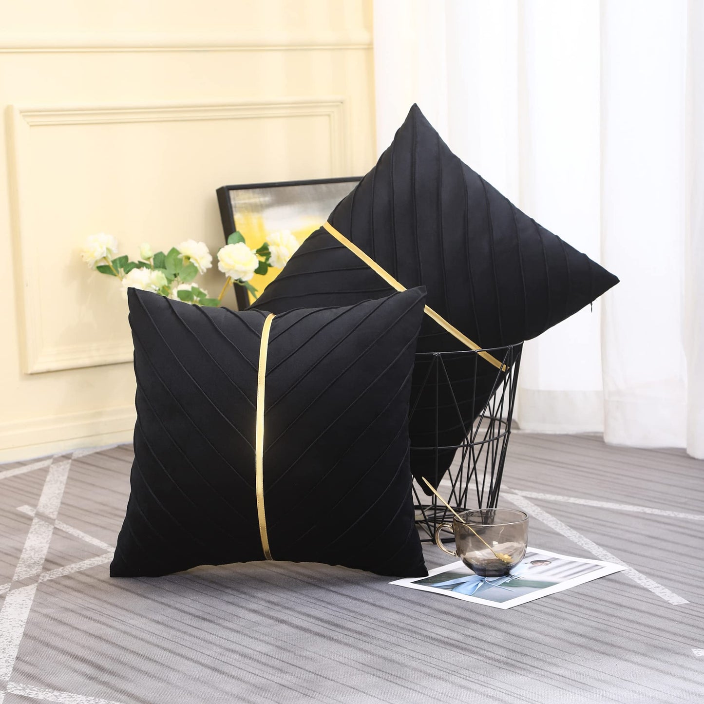 Tosleo Black Velvet Throw Pillow Covers 18x18 inch Pack of 2 with Gold Leather Decorative Couch Pillow Cover Luxury Modern Pillowcases for Wedding Living Room Bedroom Sofa Cushion Bed