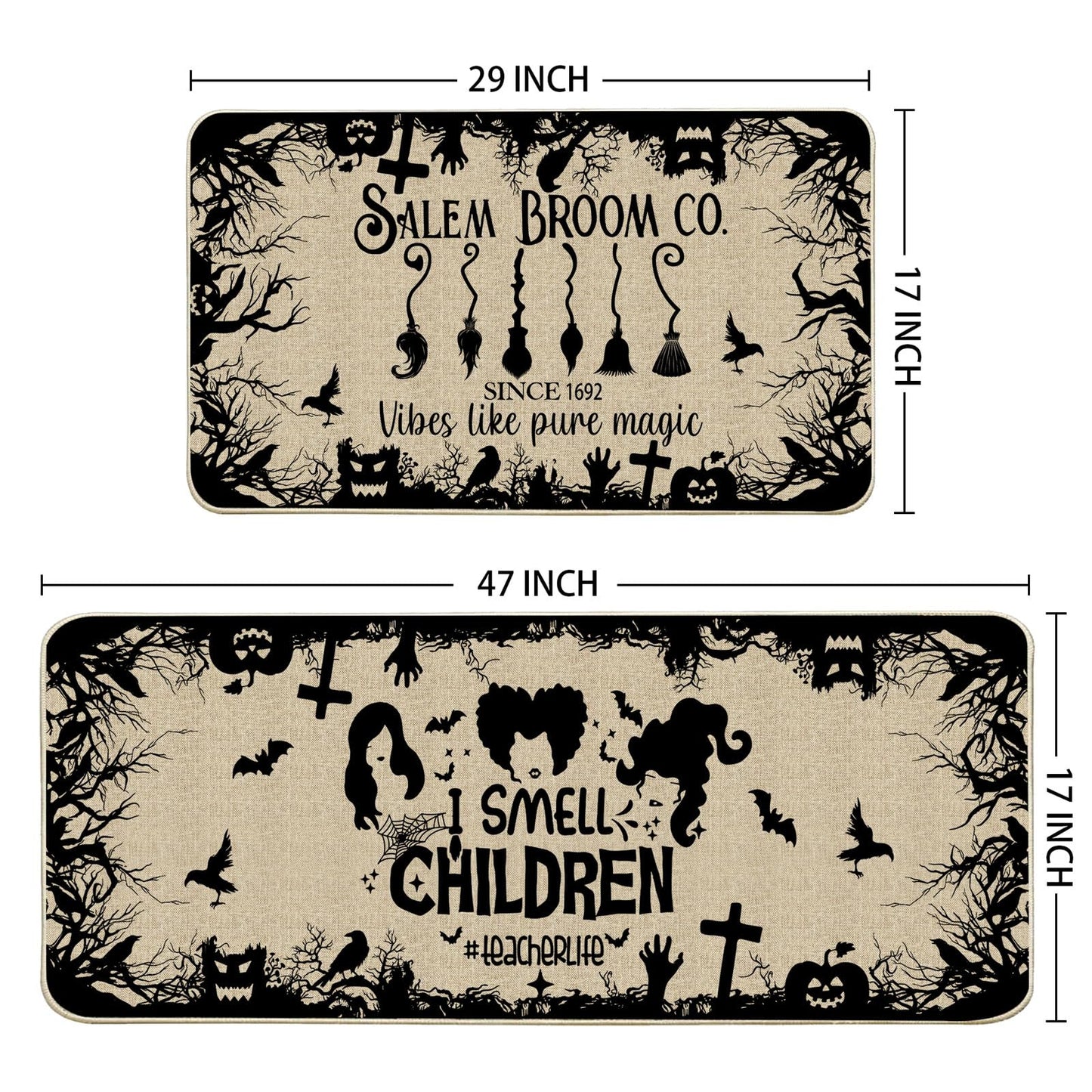 CUSUGBASO Halloween Kitchen Mats, Witches Kitchen Rugs Set of 2 - I Smell Children Halloween Kitchen Decor for Floor - Halloween Decorations for Home 17"x27+17"x47"