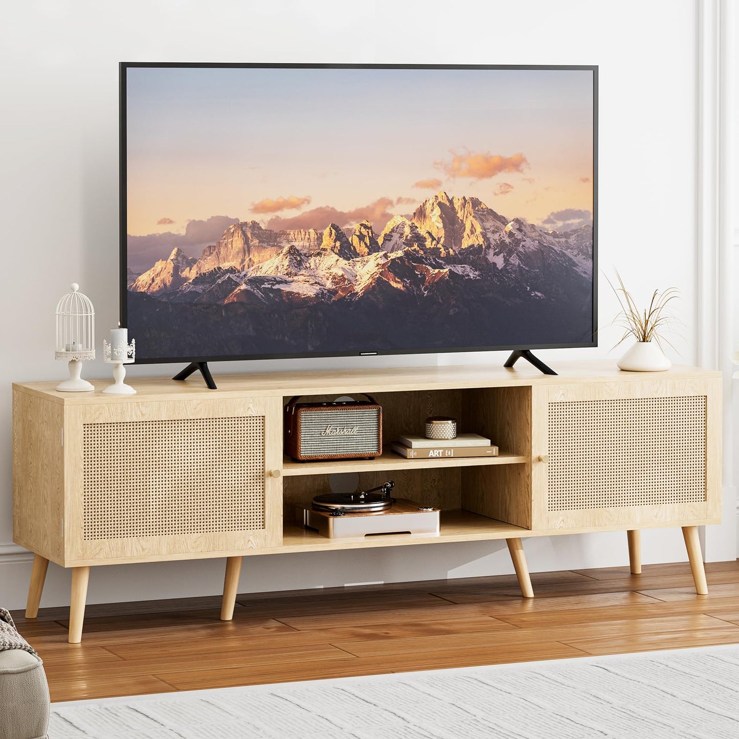 ZttRiee TV Stand for TVs up to 65'', Entertainment Center with Rattan Door, Shelves & 2 Cabinets, Long Boho Media TV Console for Living Room, Natural