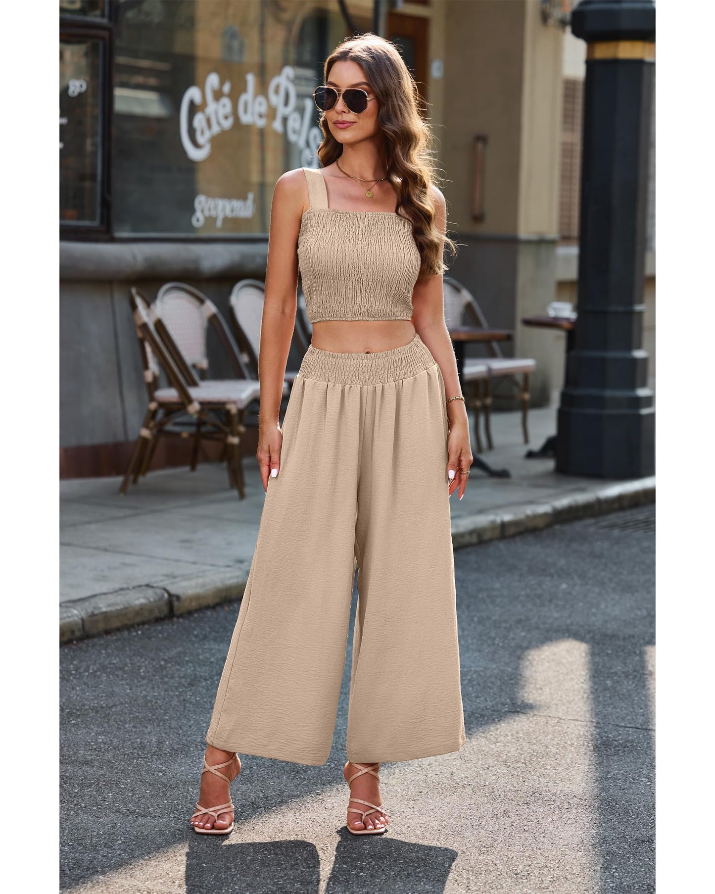 luvamia 2 Piece Set Crop Top Outfits for Women 2 Piece Sets Spring Womens Clothes Sexy Date Night Outfits for Women 2 Piece Sets for Women Summer Trendy Clothes Almond Medium Fits Size 8 / Size 10