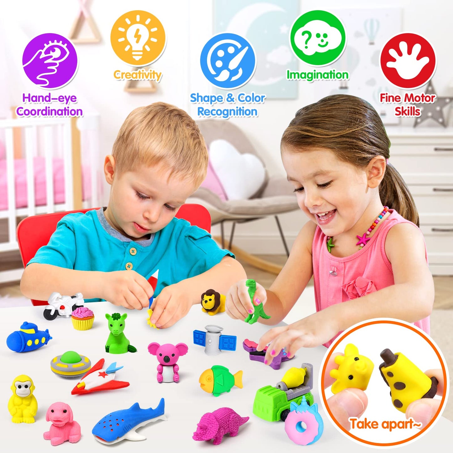 70 Pack Animal Erasers for Kids Bulk Desk Pets Classroom Prizes Treasure Box Toys for Classroom Supplies, 3D Puzzle Mini Erasers Pencil Eraser Back to School Supplies for Kids Party Favors (Random)