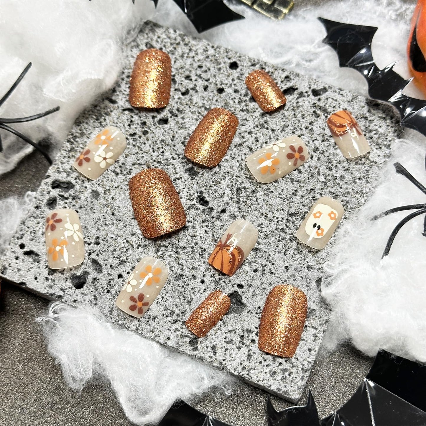 24Pcs Halloween Press on Nails Short Square Fake Nails with Orange Glitter Design Halloween Glue on Nails Full Cover Halloween Nails Stick on Nails for Women and Girls Halloween Nail Art Decoration