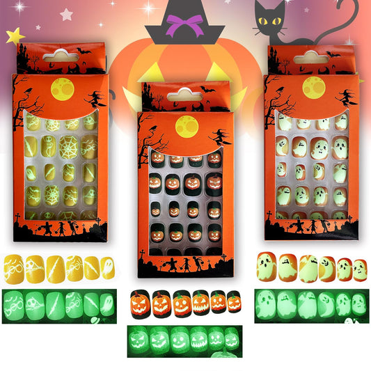 Gorvalin Halloween Luminous Press on False Nails for Kids, 3 Boxes Halloween Themed Fake Nails with Adhesive Tabs for Short Full Cover False Fingernails for Nail Art Decoration