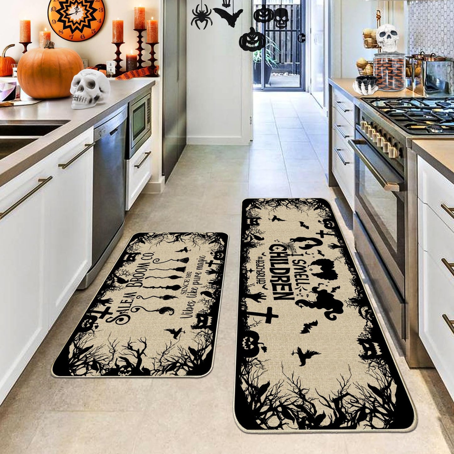 CUSUGBASO Halloween Kitchen Mats, Witches Kitchen Rugs Set of 2 - I Smell Children Halloween Kitchen Decor for Floor - Halloween Decorations for Home 17"x27+17"x47"