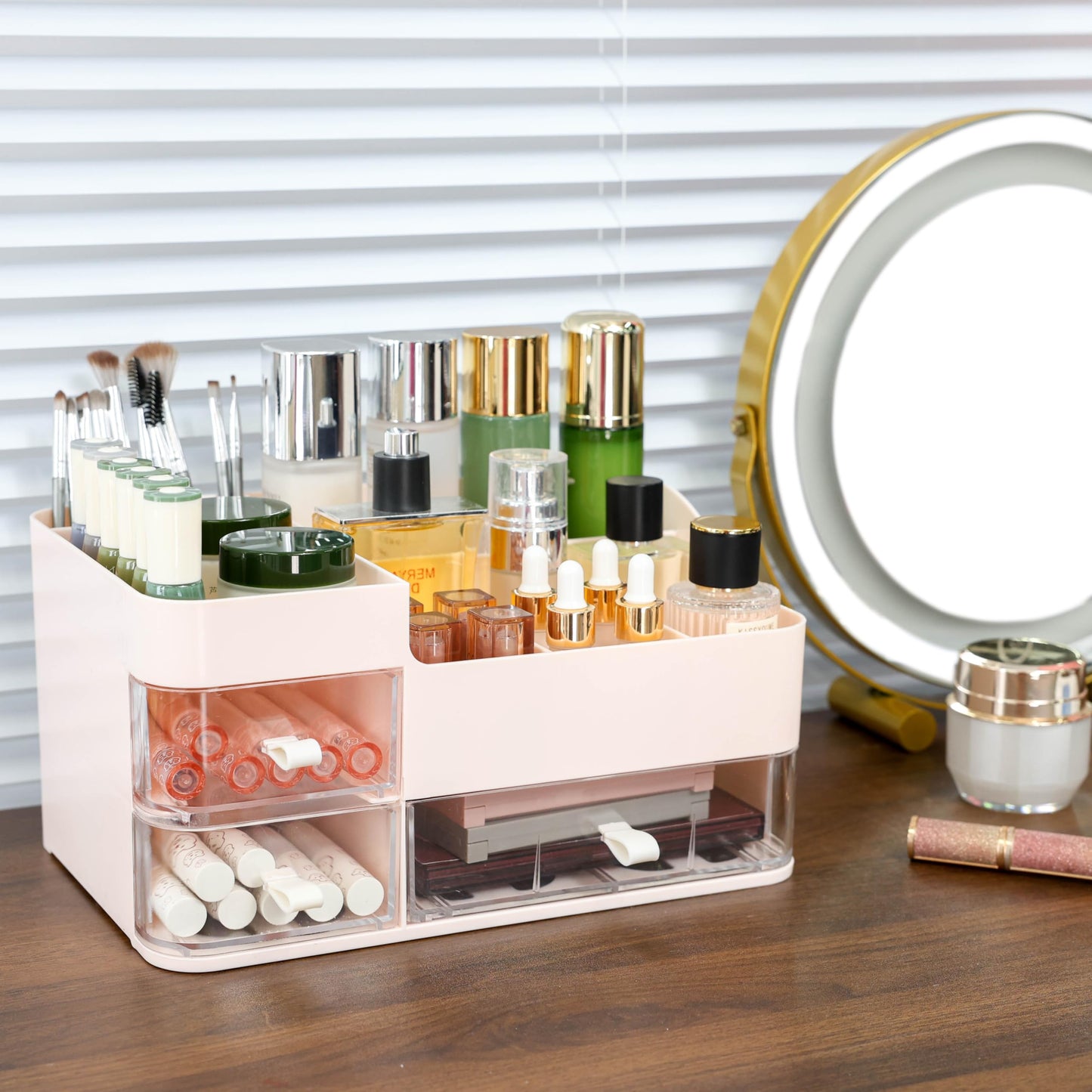 Cq acrylic Makeup Organizer with 3 Drawers -Plastic Skincare and Cosmetic Storage for Vanity Countertop,Dresser Top Organizer for Lotions,Beauty Products,Cologne Perfume-Bathroom Organization,Pink