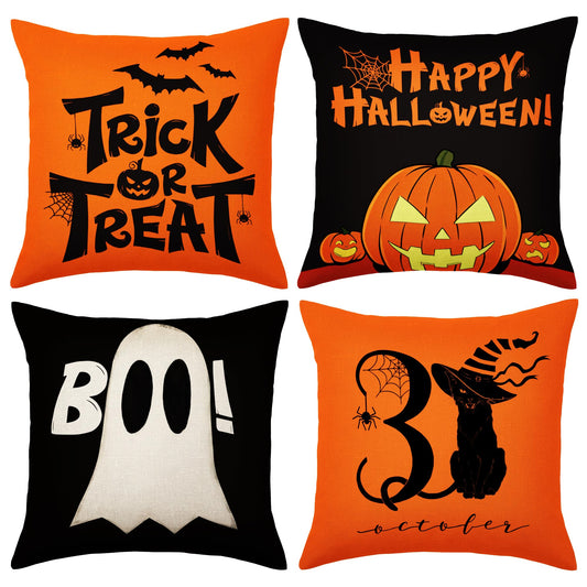 JUSTOTRY 4pc Halloween Decoration Pillow Covers 18x18 for Halloween Indoor Outdoor Decor Boo Vintage Couch Throw Pillows Cases for Sofa Bedroom Home Kitchen Decorative