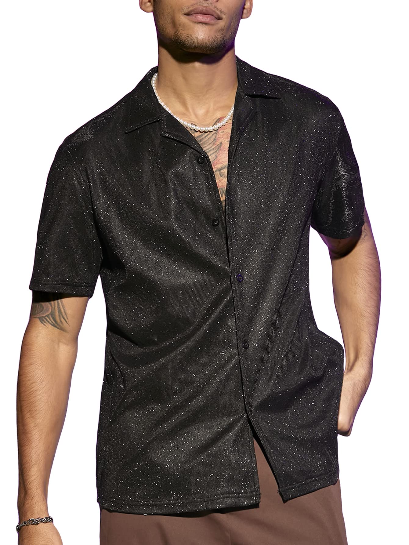 OYOANGLE Men's Fashion Button Down Lapel V Neck Short Sleeve Glitter Blouse Tops Black S