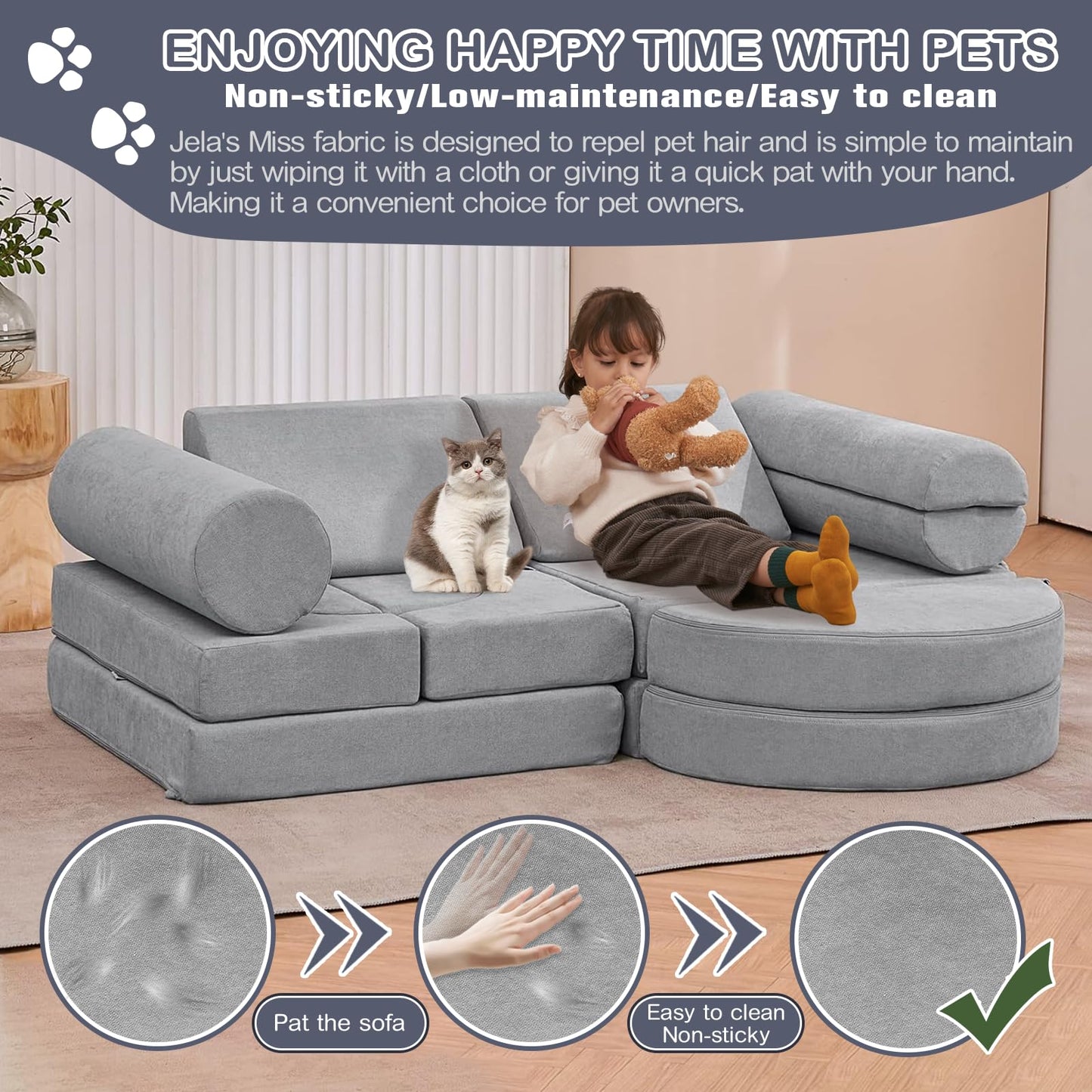 jela Kids Couch 14PCS Luxury, Floor Sofa Modular Furniture for Adults, Playhouse Play Set for Toddlers Babies, Foam Play Couch (Moonlight Grey, 57"x28"x18")