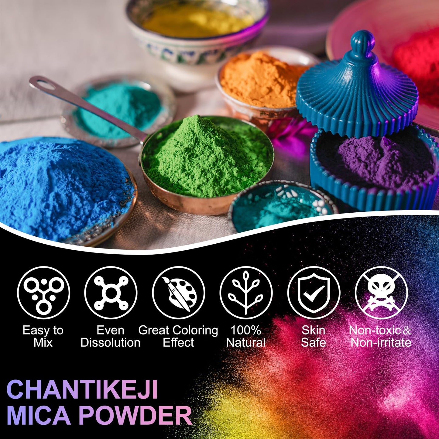 CHANGTIKEJI Mica Powder，63 Colors - 10g/Bottle of Natural Pigment Powder for Epoxy Resin，Lip Gloss，Eye Shadow,Car Paint, Dye,Soap Making,Nail Polish,Candle Making,Bath Bombs