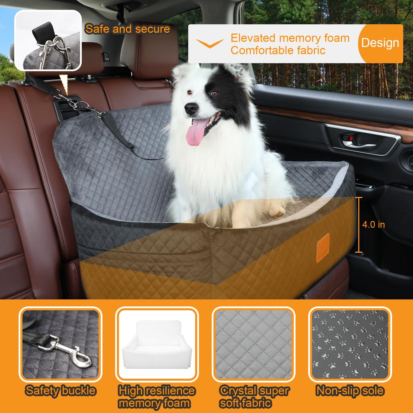 Youvee Dog Car Seat for Large/Medium Dog,Interior Height 4 Inches Pet Car Bed for Dogs Under 55 lbs or 2 Small Dogs,Washable Dog Booster Seat with 2 Safety Leashes(Black Outside Grey Inside)