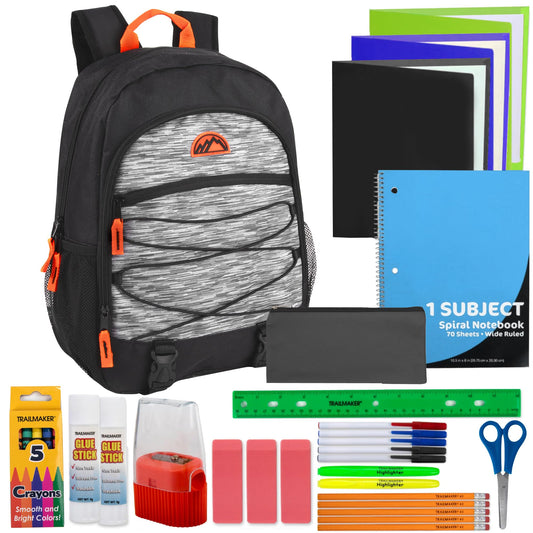 Backpack with Supplies | 17 Multipocket Backpack with 30 Piece Stationery Set for Travel, Work - Orange, Black, and Grey Backpack Set