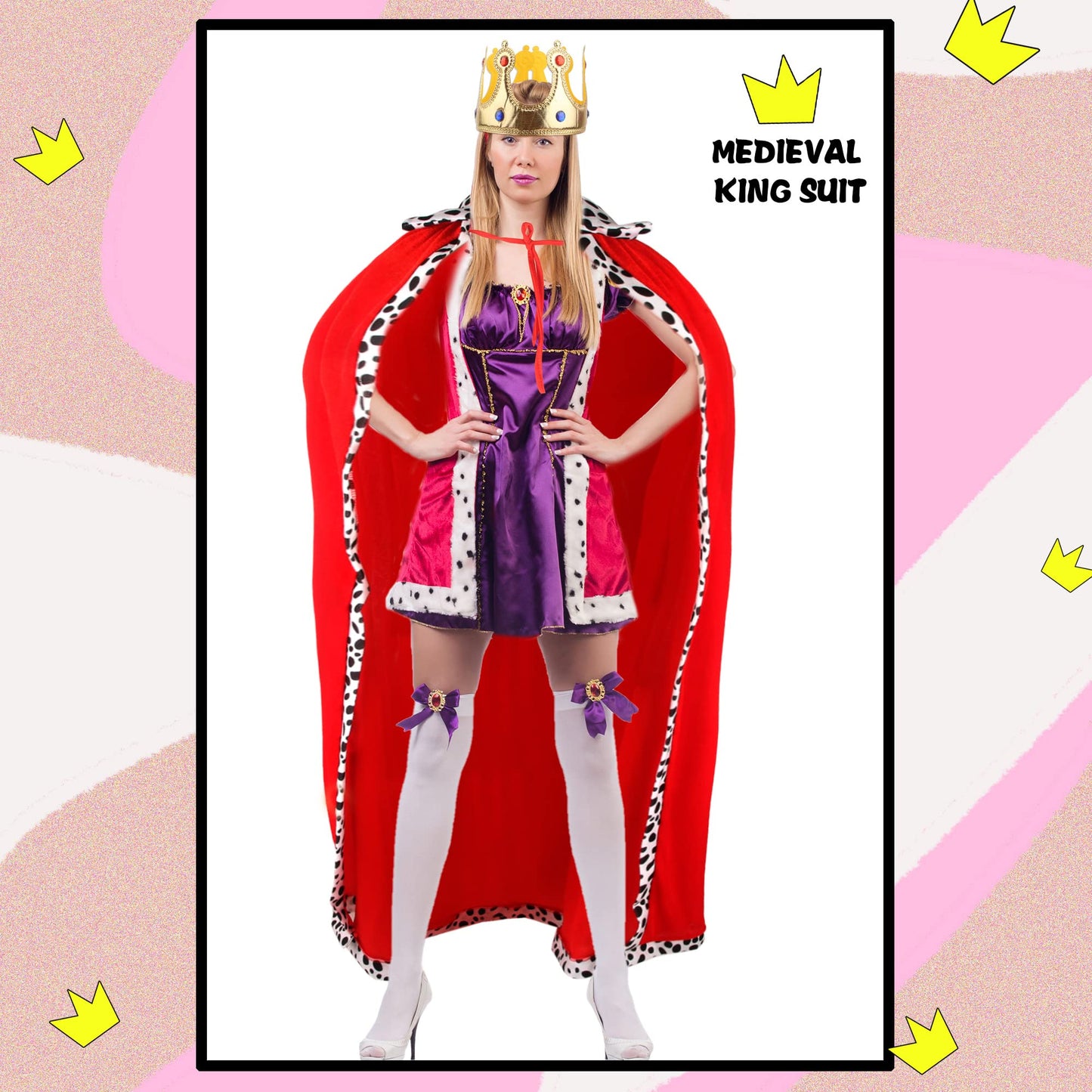 Cotiny 2 Pack Adult King Costume Set King Cape Queen Robe Red Cloak Crown Costume for Men Women Halloween King Prince Cosplay Birthday Party Dress Up