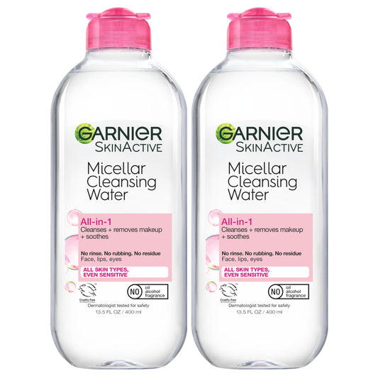 Garnier Micellar Water, Hydrating Facial Cleanser & Makeup Remover, Suitable for Sensitive Skin, Vegan, Cruelty Free, 13.5 Fl Oz (400mL), 2 Count