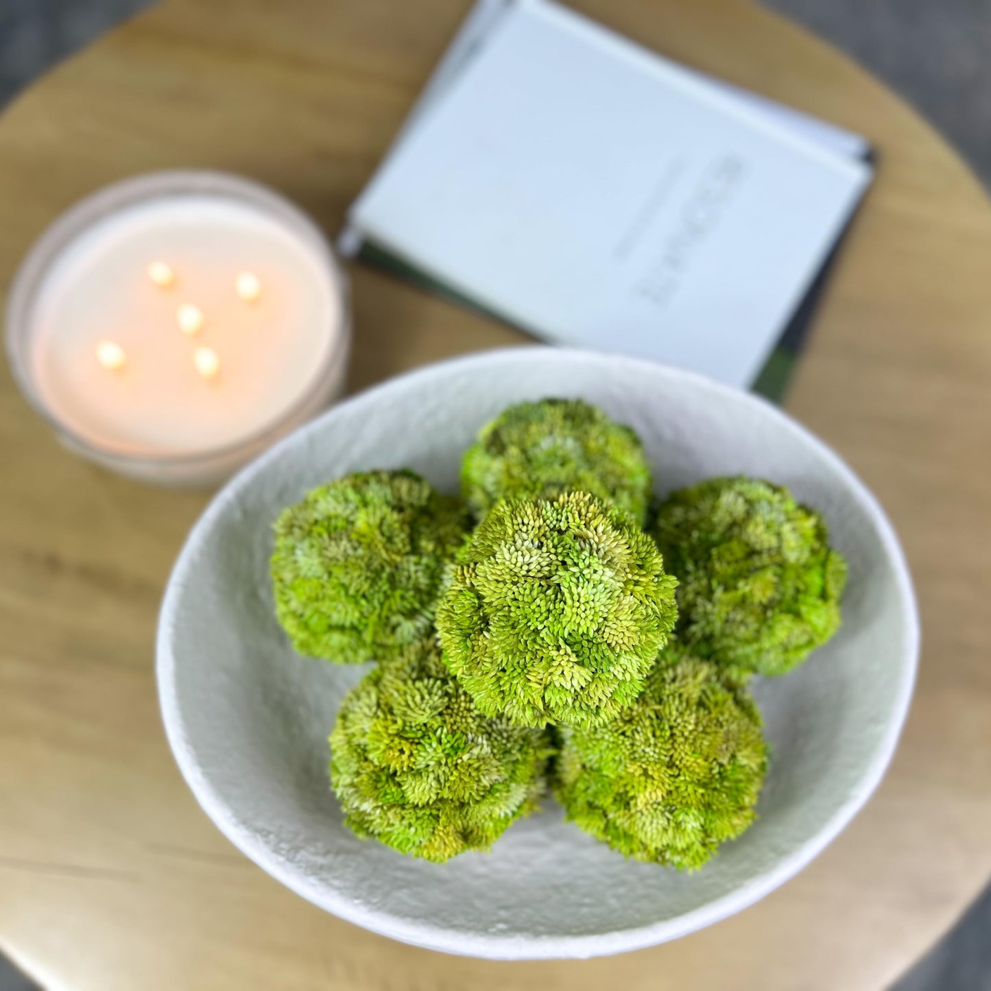 Luxurious White Textured Ceramic Bowl and Greenery Set,12.5x10.5 Inch Pedestal Decorative Bowl, with 6 Green Succulent Moss Balls, Counter Top, Farmhouse Table Centerpiece, Living Room, Kitchen Decor