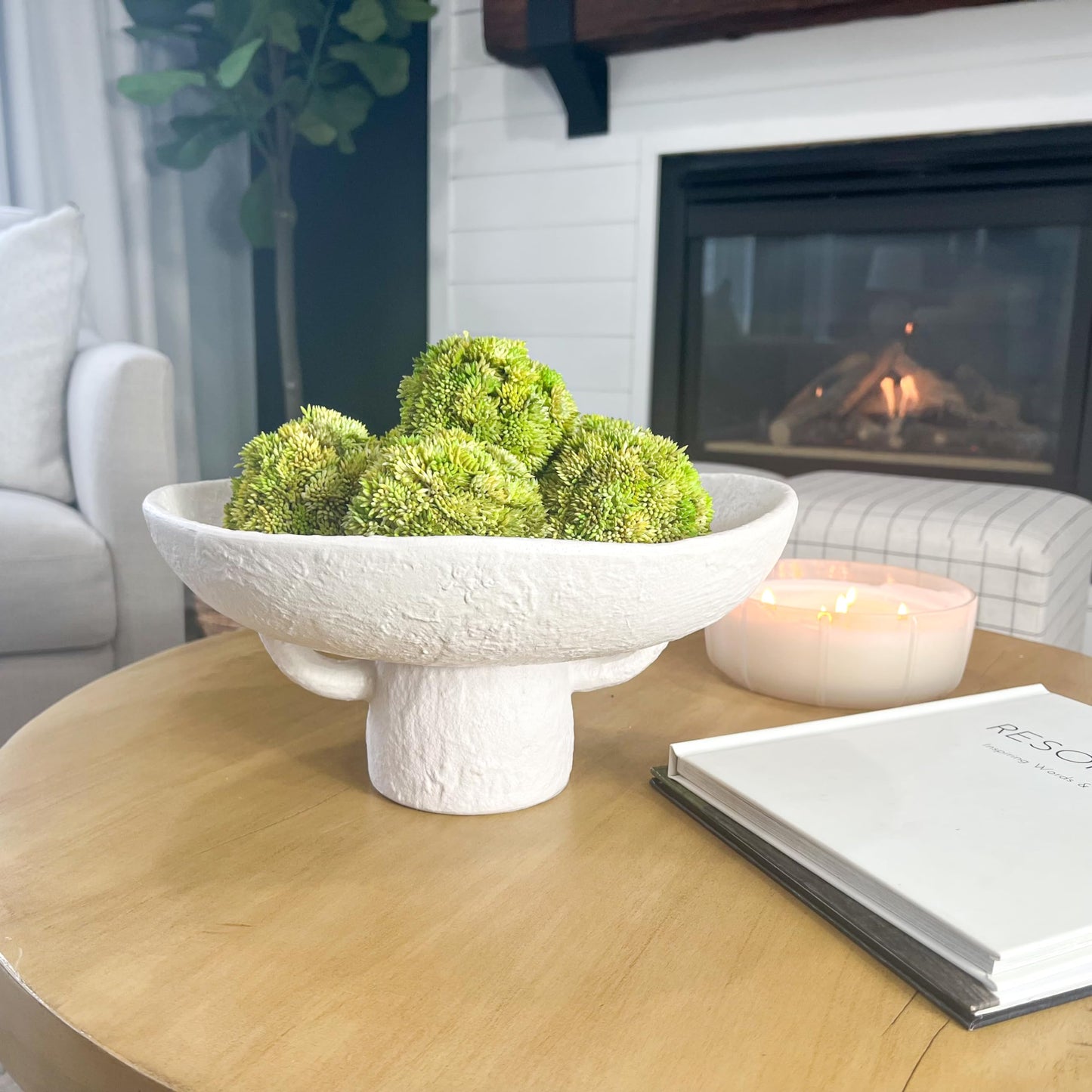 Luxurious White Textured Ceramic Bowl and Greenery Set,12.5x10.5 Inch Pedestal Decorative Bowl, with 6 Green Succulent Moss Balls, Counter Top, Farmhouse Table Centerpiece, Living Room, Kitchen Decor