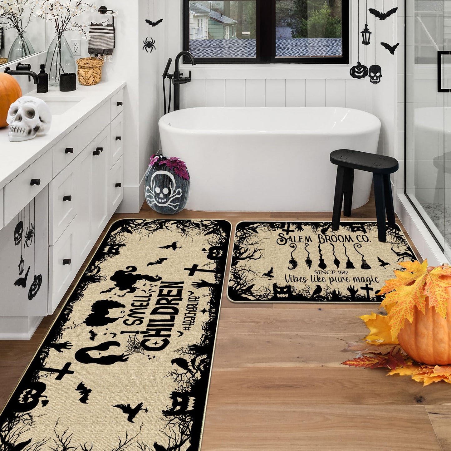 CUSUGBASO Halloween Kitchen Mats, Witches Kitchen Rugs Set of 2 - I Smell Children Halloween Kitchen Decor for Floor - Halloween Decorations for Home 17"x27+17"x47"