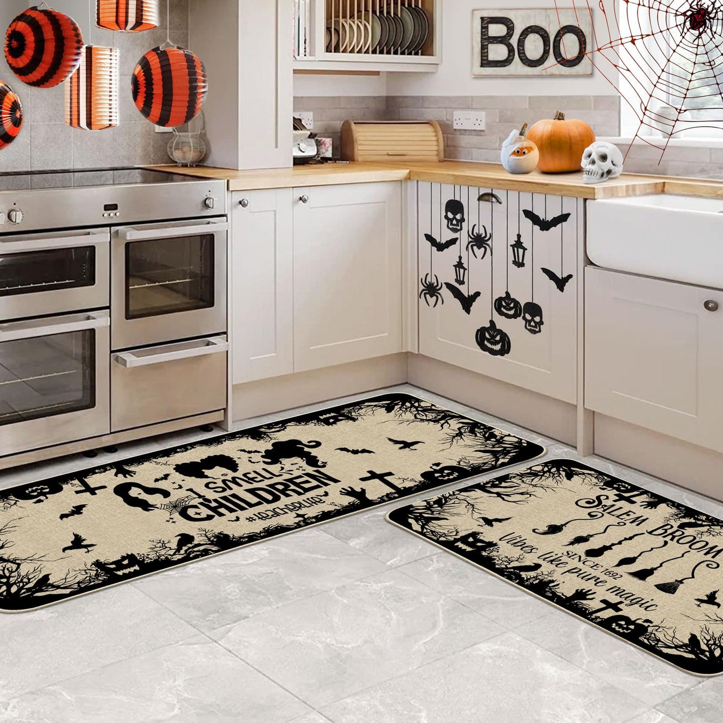 CUSUGBASO Halloween Kitchen Mats, Witches Kitchen Rugs Set of 2 - I Smell Children Halloween Kitchen Decor for Floor - Halloween Decorations for Home 17"x27+17"x47"