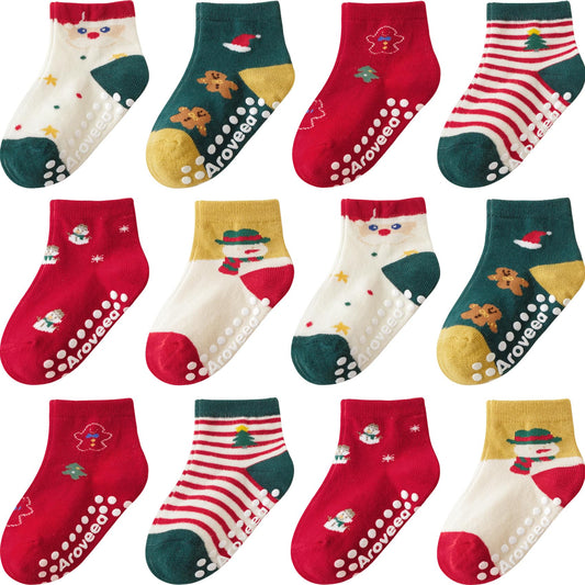 Aroveea Non Slip Grip Ankle Christmas Baby Socks 12 Pack for Toddler Boys and Girls Kids Socks,Infant Cute Cotton Baby Socks