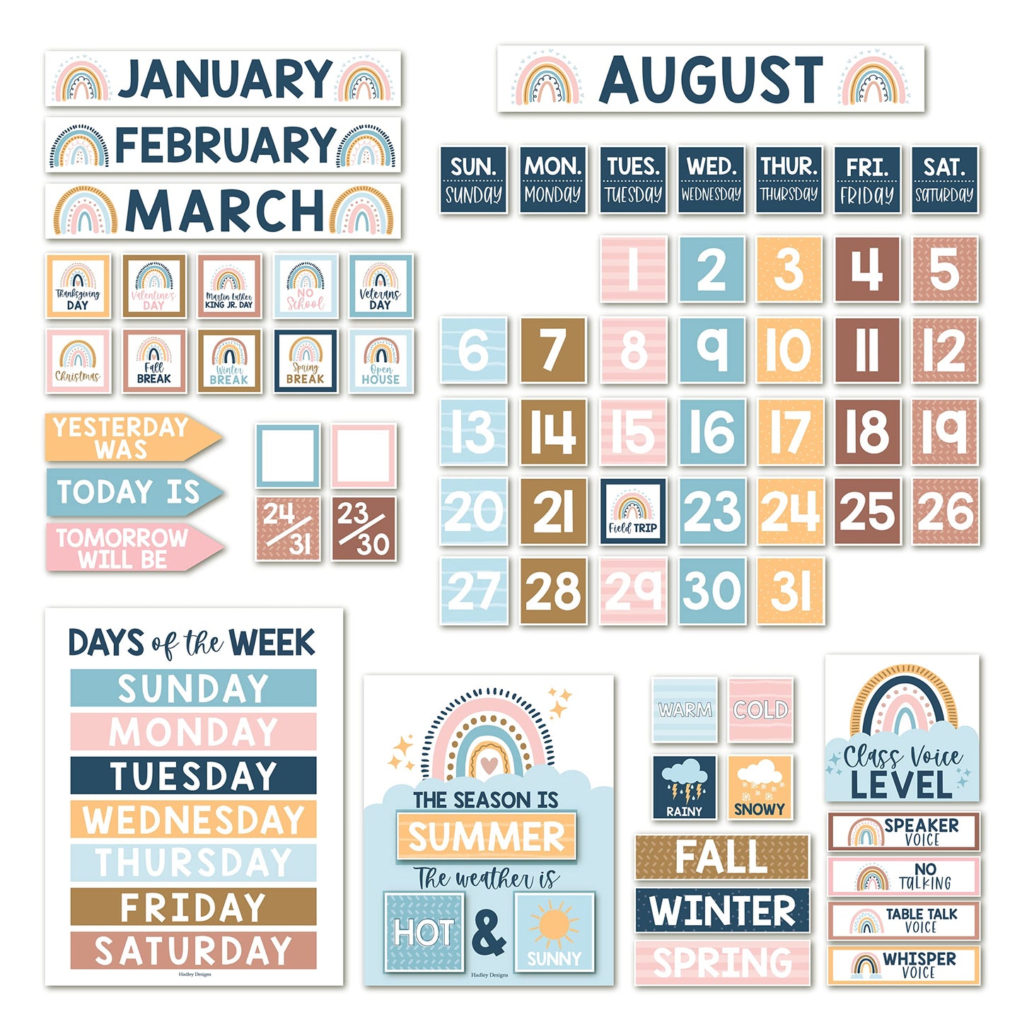 Hadley Designs Boho Calendar For Classroom Elementary Classroom Must Haves - Classroom Calendar Set Bulletin Board Sets For Teachers, Bulletin Board Calendar, School Calendar For Classroom